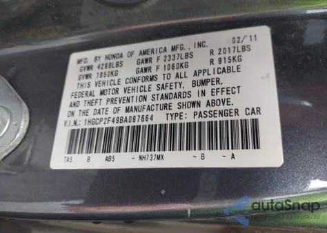 2011 Honda Accord 2.4 Lx-P z USA, uszkodzony, nr VIN 1HGCP2F49BA097664